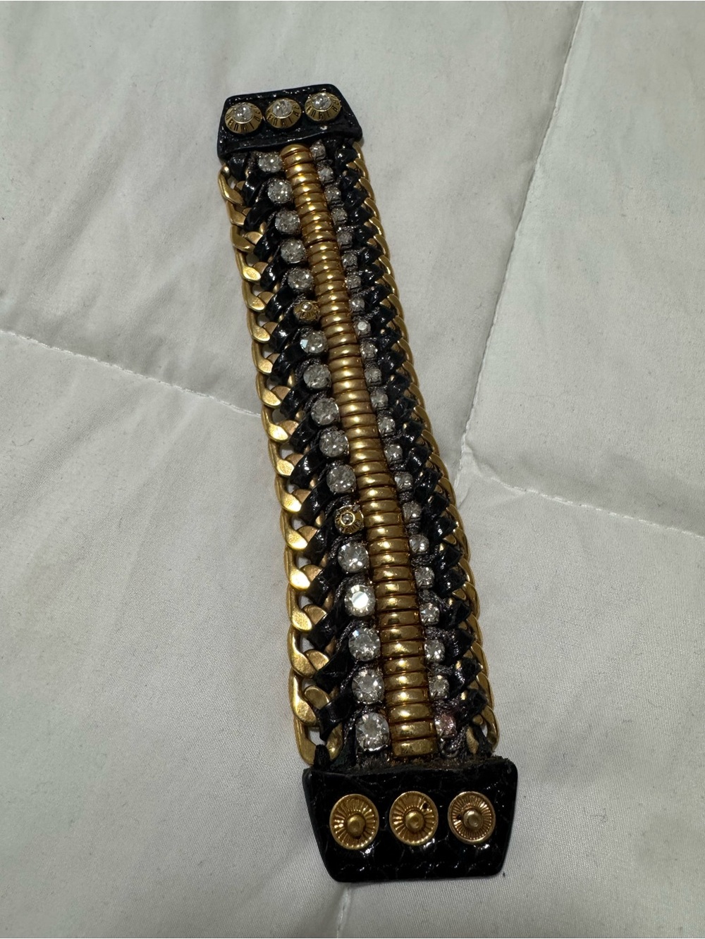 henri bendel Black and Gold Layered Crystal Leather Cuff Bracelet - Picture 3 of 5